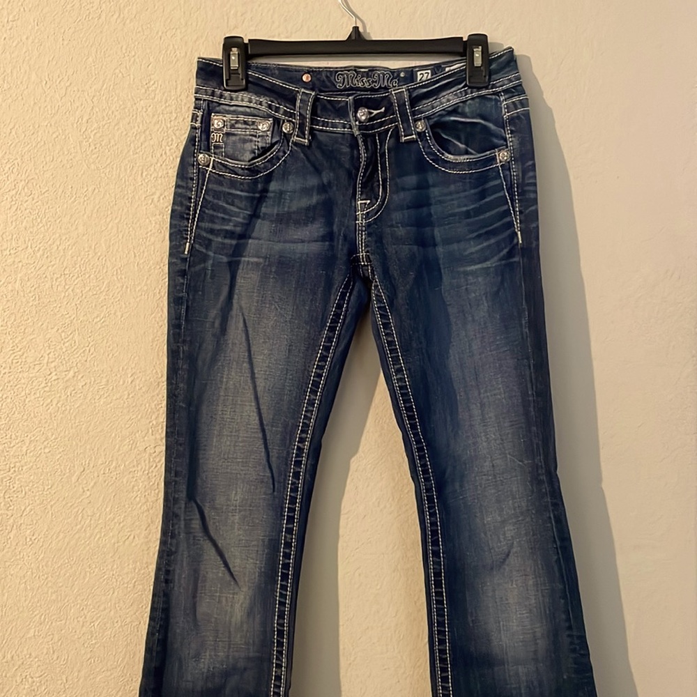 Miss Me Boot Cut Jeans Size 27 professionally hemmed for 5’ 3”! Low Rise!